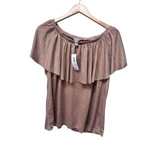 CHICO'S 2 Brown Faux Suede Slit Sleeved off the Shoulder Ruffled Blouse Sz 12 L